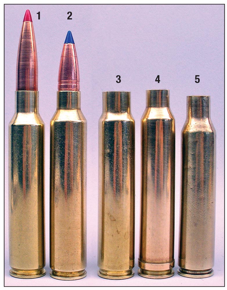 The (1) Hornady .300 PRC is shown next to a (2) .30-375 wildcat based on the (3) .375 Ruger. A (4) .300 Winchester Magnum is shown for comparison to a circa 1917 (5) .30 Newton.